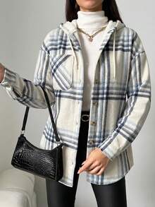 EURMUSE Cotton Ladies' Plaid Drawstring Hooded Regular-Fit Jacket - Blue and White - View 4