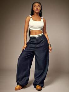 Denimoi 弹性饰边平角内裤，宽松牛仔裤，时尚街头风，90年代复古风 - 深色水洗藍 - 查看 4