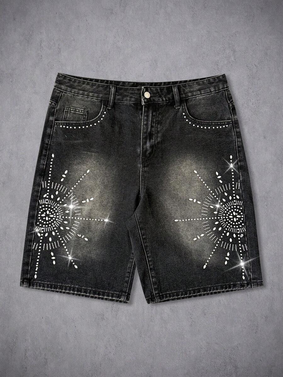 Manfinity Denimwave 时尚宽松水钻装饰夏季牛仔短裤 - 黑色 - 查看 1