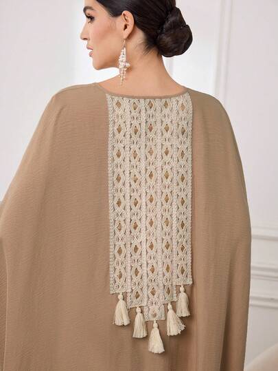 Al Najma Women's New Khaki Applique Decor Tape Patchwork Back Embroidery Beaded Tassel Pleated Batwing Sleeve Casual Elegant Loose Maxi Dress