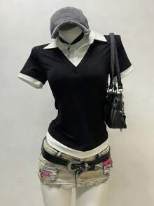 Resyla Women's Collared Button Half-Placket 2 In 1 Casual Everyday Short Sleeve T-Shirt Black And White Tops Preppy Tops Black And White Blouse Office Tops Women Cute Black Tops - Black and White - View 3