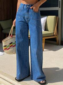 DAZY Women's Regular Waist Rhinestone Embellished Loose Straight Leg Casual Jeans - Medium Wash - View 4