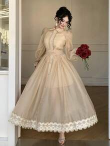 DAZY Women's Elegant Lace Patchwork Belted Long Slip Dress With Collar, 2 Pieces Set - Khaki - View 3