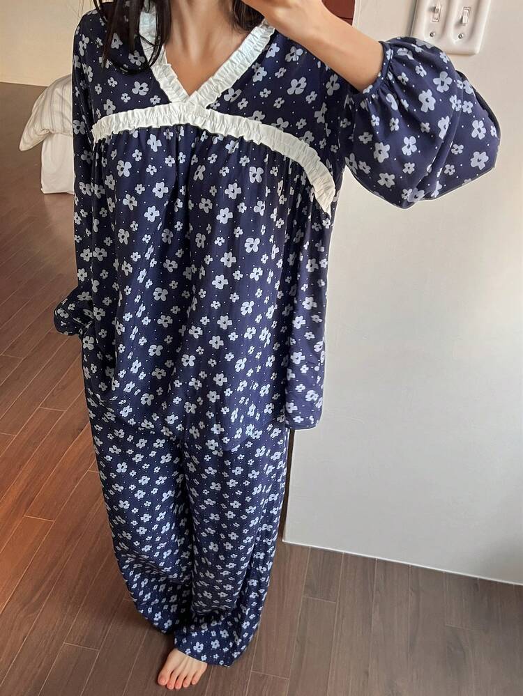 Ditsy Floral Contrast Color Frill Trim Loose Lantern Sleeve Women Pajama Set