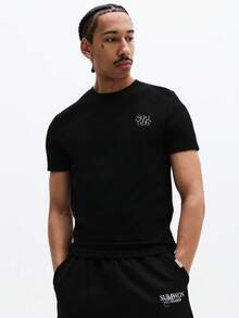 SUMWON Men Slim Fit Crew Neck Short Sleeve T-Shirt With Small Script Logo Chest Print Casual Top Summer - Black - View 1