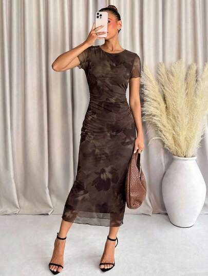 Lavishia Women's Coffee Color Floral Print Dress, Fashionable & Elegant, Suitable For Outings, Gatherings, Commuting, And Vacation, Spring  Valentine's Day Spring Outfit Women Birthday Dress Elegant Dresses For Women Floral Dress Slim Dress Brown Bodycon Dress  Brown Dress Summer Dress Elegant Dresses For Women