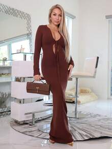 Cioccolato 秋冬新款性感深V交叉肩带装饰长袖修身修身长款毛衣连衣裙 - 棕色 - 查看 1