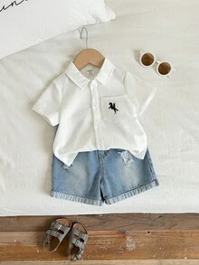 SHEIN 2pcs Baby Boy Casual Fashion Collegiate Short Sleeve Shirt And Distressed Denim Shorts Set,Blue And White Striped,Summer,City Break Toddler Outfit - Blue - View 6