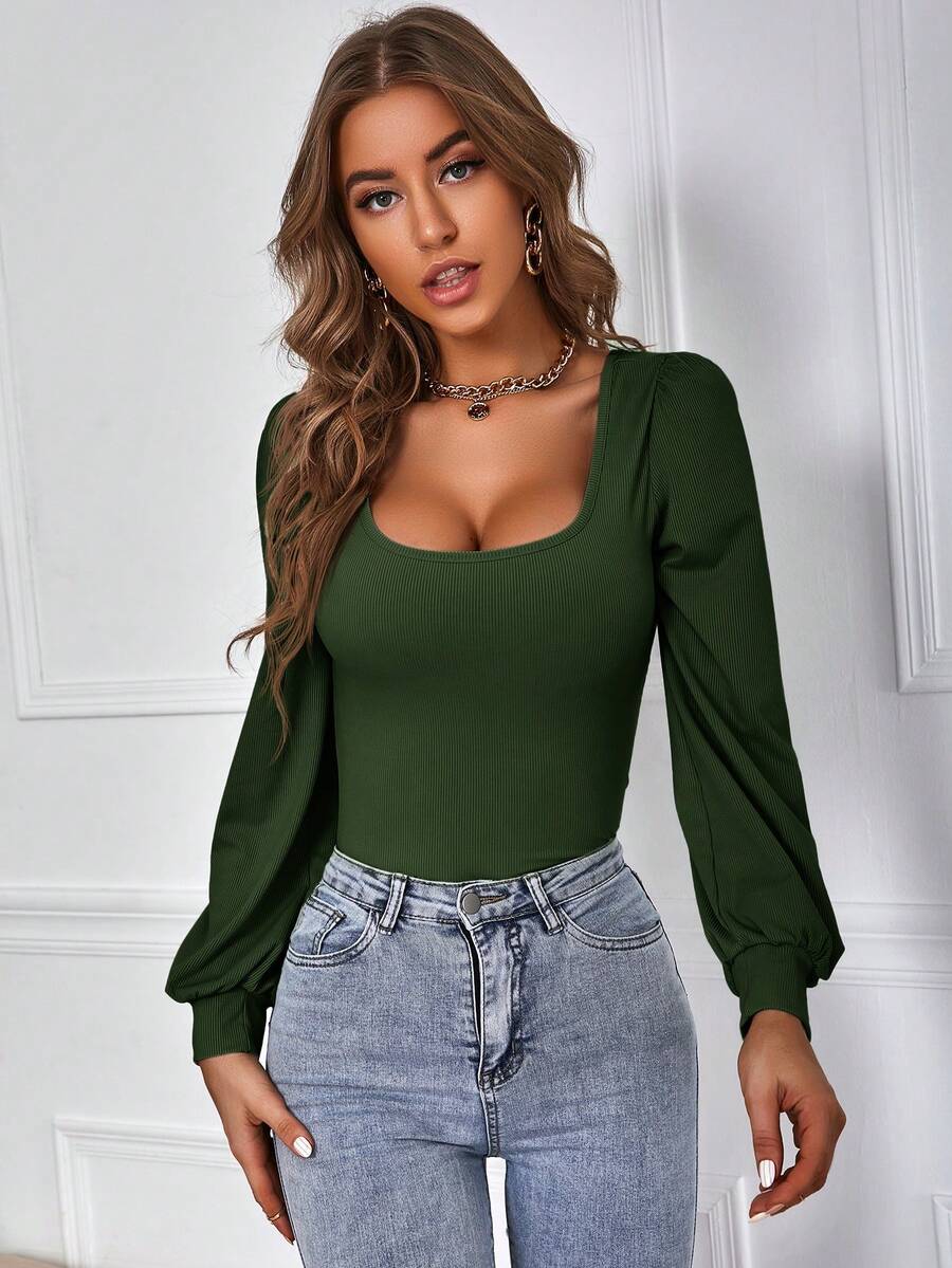 SHEIN Frenchy 女士纯色方领修身长袖T恤 - 墨綠色 - 查看 1