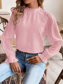 SHEIN Frenchy 女士时尚优雅波点立领长袖衬衫 - 淺粉色 - 查看 3