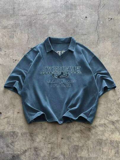 AXEPEAK 水洗翻领短袖 Polo 衫，男士复古美式宽松版型