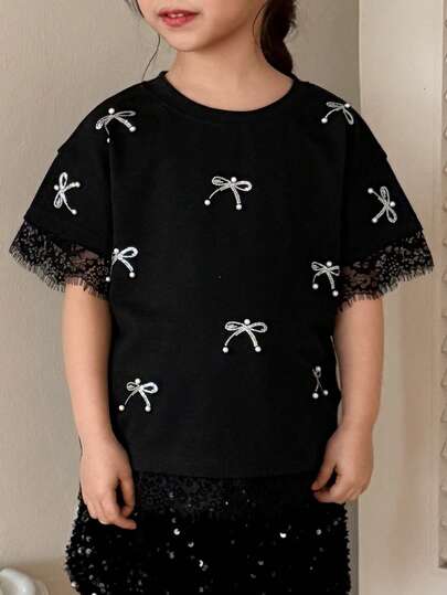 DAZY Flickor (liten) Sommar Rund Halsad Strass Rosett Spets Patchwork Kortärmad T-shirt
