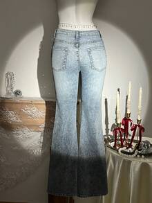 Elamini 女士休闲时尚街头日常通勤水钻装饰喇叭牛仔裤 - 淺色水洗藍 - 查看 2