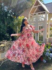 Lyrianda Abito lungo elegante e vintage con spalle scoperte e maniche a palloncino, taglie comode - Rosa - Visualizzare 7