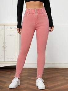 EMERY ROSE Women's Fashion Casual Washed Distressed Frayed Hem Skinny Jeans - Pink - View 3