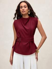 Arave 女士时尚高领不对称褶皱肩部无袖可调节腰部芥末黄上衣衬衫 - 酒紅色 - 查看 2