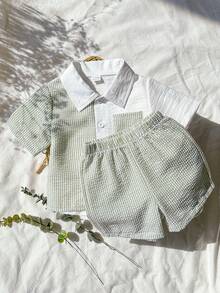 Vintaside Kids Bộ đồ cho bé trai gồm áo khoác cardigan tay ngắn cổ bẻ có túi vá và quần short. - màu xanh lá - Xem 5