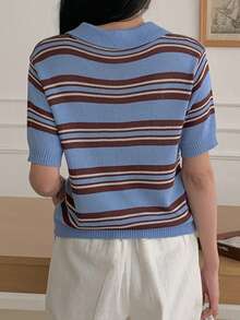 DAZY Women's Polo Collar Short Sleeve Striped Casual Pullover Sweater - Blue - View 5
