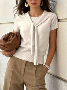 Pariaura 女士纯色短袖针织披肩领上衣 - 杏色 - 查看 1