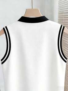 Franclia Tall 2026新款黑白撞色拼接衬衫，高弹力翻领无袖衬衫，半开襟纽扣设计，休闲通勤及学院风上衣 - 黑與白 - 查看 5