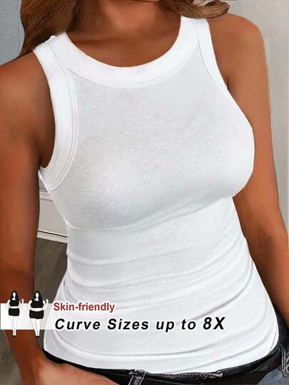 SHEIN CURVE+ Plus Size Women's Casual Basic Fitted White Off-Shoulder Tank Top, Comfortable Fabric For Summer