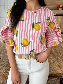 Elouméa Pink Striped & Yellow Lemon Print Round Neck Bow Decor Sleeve Blouse, Spring/Summer Holiday - Multicolor - View 3