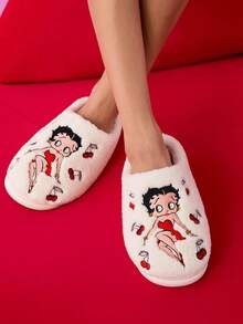 Betty Boop x SHEIN 女款卡通肖像刺繡居家拖鞋，秋冬聖誕禮物創意，派對、節日、情人節禮物 - 白色 - 查看 2