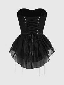 Sweetness Đầm ngắn thời trang mùa xuân/hè dành cho nữ, thiết kế corset thắt dây, viền bèo nhún. - màu đen - Xem 2