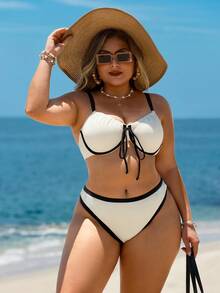 Swim Lushoire Bộ đồ bơi cỡ lớn, chất liệu vải dệt họa tiết, phối màu, gọng thép, thích hợp cho kỳ nghỉ. - Đen và trắng - Xem 7