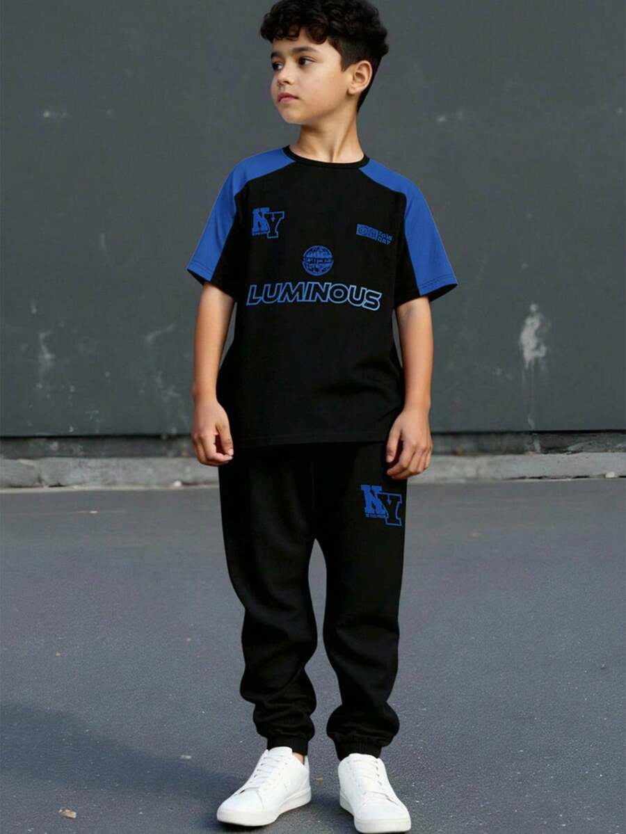SHEIN 2pcs Tween Boy Contrast Color Casual Sports Letter Graphic Short Sleeve T-Shirt And Jogger Pants Set,Kids - Royal Blue - View 1