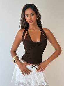 Aloruh 女士性感Y2K棕色系带露背短款上衣，春季女装，外出上衣，夏季上衣，夏季度假装 - 棕色 - 查看 10