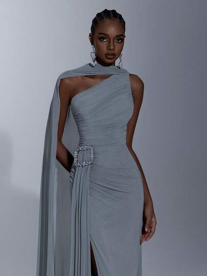 Elitara Elegant Light Gray-Green High-Stretch Mesh Asymmetric Shoulder Maxi Dress With Ruched Front, Luxurious Crystal Embellished Button Decor, Draped Flounce Mermaid Hem, Suitable For Dates, Singles Parties, Weddings, And All Formal Occasions