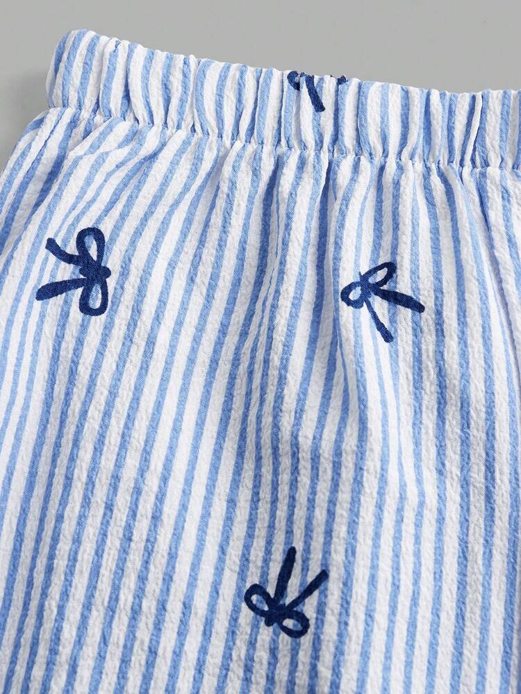 Firerie Kids 少女蝴蝶结花卉蓝色条纹吊带背心+宽松长裤两件套，休闲时尚，百搭，适合派对、郊游、姐妹合照、公园、露营、度假、日常休闲等场合。 - 藍色 - 查看 3