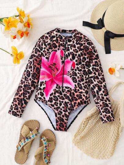 SHEIN Plus Size Girls' Long Sleeve Leopard & Floral Print One-Piece Swimsuit, Casual Vacation
