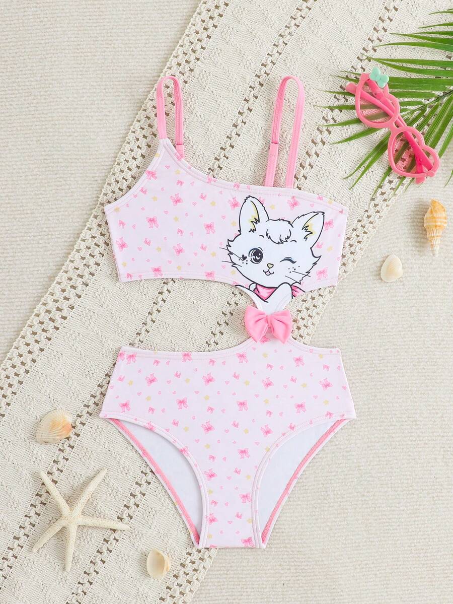 SHEIN Cute Heart Print Young Girl' One-Piece Swimsuit With Bow (Print Randomly) - Multicolor - View 1