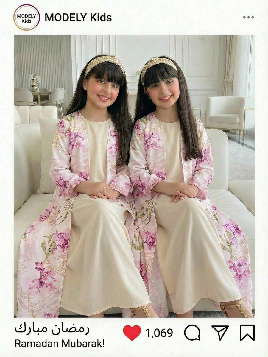 Tween Girl Classic Elegant Middle Eastern Print Long Jacket,Beige Modest Loose Dress,Autumn Country Style For Concert,Commute,Photo Shoots,Gatherings - Multicolor - View 1