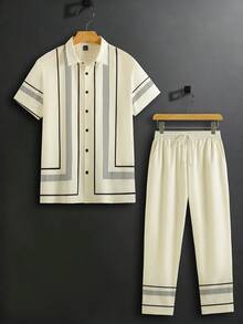 Manfinity RSRT Men's Striped Short Sleeve Single-Breasted Shirt And Pants Casual Suit Spring To Summer - Black - View 3