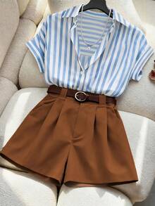 Franclia Conjunto casual y elegante de camisa de manga corta de corte holgado a rayas y shorts de color contrastante para mujer (con cinturón), versátil para vacaciones, negocios, citas, fiestas, playa y uso diario en verano - Multicolor - Ver 3