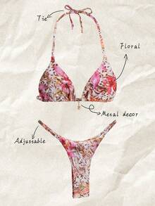 Elavelle Spring Break Women's Random Print Spaghetti Strap Sexy Bikini Swimwear Sets, Summer Outfits - Multicolor - View 1