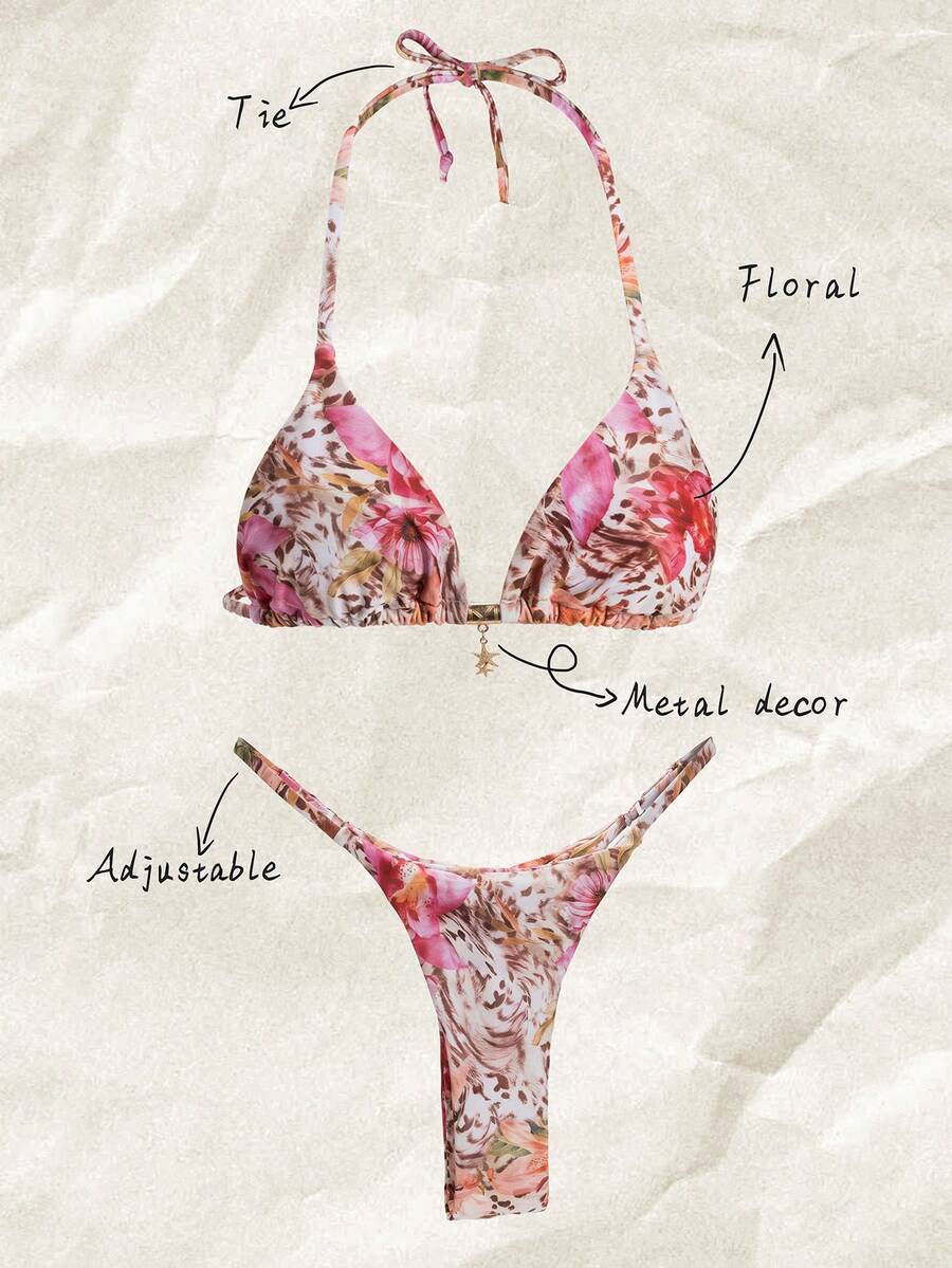 Elavelle Spring Break Women's Random Print Spaghetti Strap Sexy Bikini Swimwear Sets, Summer Outfits - Multicolor - View 1