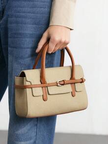 SHECARRY Ladies Handbag, Beige And Brown Patchwork Contrasting Colors, Exquisite Strap Decoration, A Must For Commuting. - Multicolor - View 2