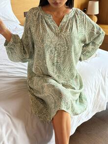 DAZY Floral Print Loose Raglan Sleeve Women's Nightgown - Green - View 4