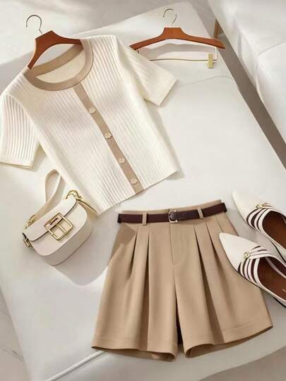 Franclia Ladies' Two-Piece Set, Ladies' T-Shirt And Shorts Two-Piece Set, Ladies' Color-Blended Patchwork Unique Casual Chic Two-Piece Set, Top And Pants For Summer Beach Dates, Vacation, Or Party Atmosphere. Hooded Women's T-Shirt With Belt And Shorts, Elegant Round Neck, Color-Blended Patchwork Buttons. 2pics. Complete Outfit: Casual Ribbed Knit T-Shirt And Shorts Set, Slimming Summer New Spring/Summer/Autumn Knit T-Shirt, Khaki Solid-Colored Shorts, Versatile For Work.