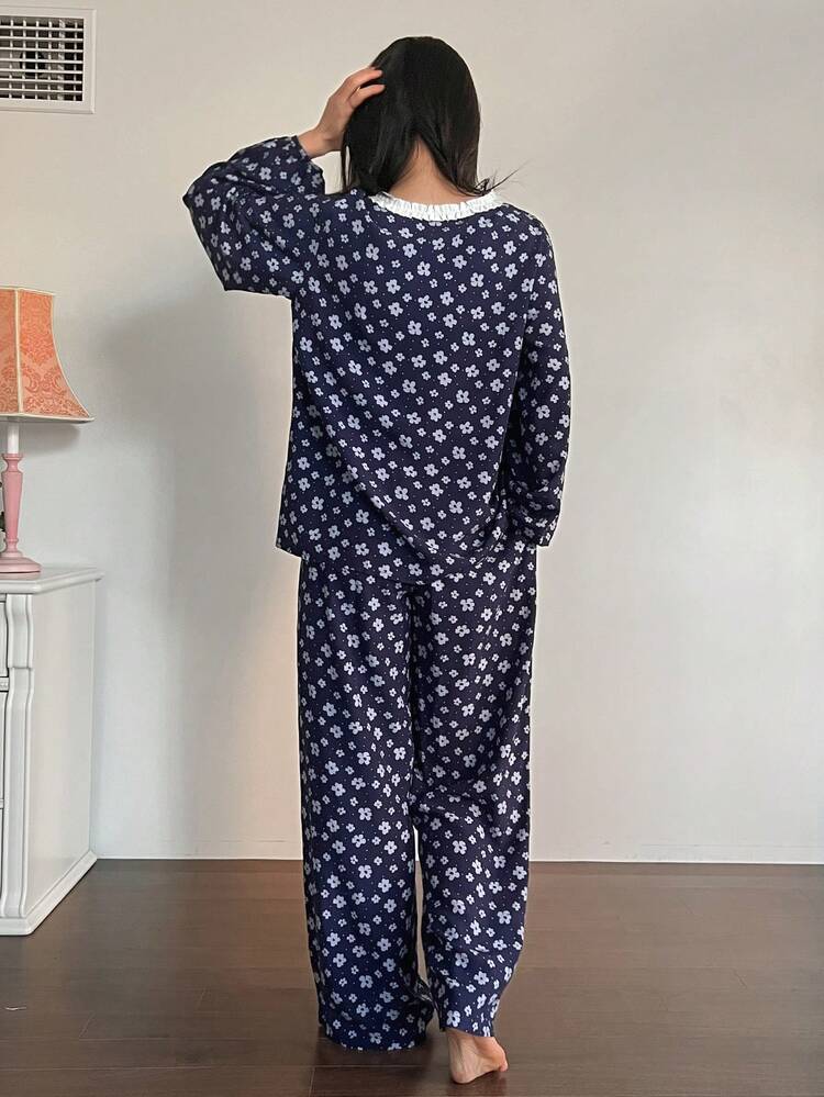 Ditsy Floral Contrast Color Frill Trim Loose Lantern Sleeve Women Pajama Set