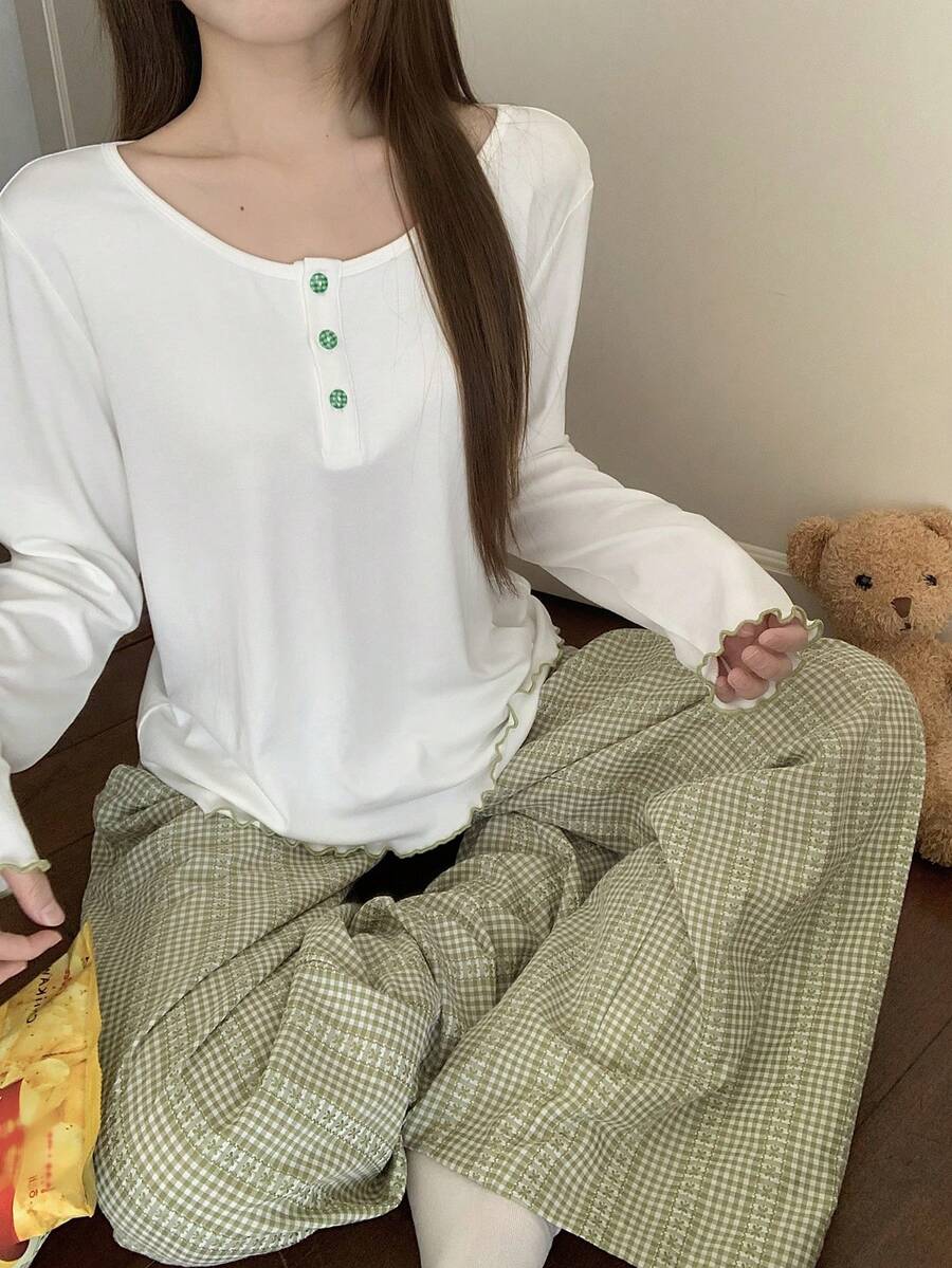 DAZY Green Fresh Henley Top & Plaid Pajama Pants Women Sleepwear Set - Green - View 1