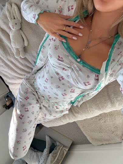 DAZY 3pcs/Set Contrast Color Lace Trim Cute Floral Rabbit Print Women Pajama Set
