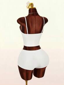 Amplova 2026新款蝴蝶装饰性感透视低胸吊带背心短裤套装，女士睡衣家居服 - 白色 - 查看 2