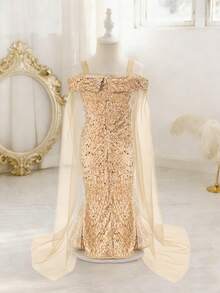 Glamorique Kids Young Girl' Elegant Charming Cute Wine Red Spaghetti Strap Off-Shoulder Gauze Waist-Cinching Mermaid Dress Formal Gown Girls Gold Maxi Dress Kids Elegant Long Dress Party Fancy Girls Dress Girls Photoshoot Dress Kids Renaissance Dress - Champagne - View 2