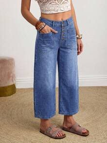 EMERY ROSE Women's Button Front Pocket Relaxed Fit Straight Leg Jeans - Blue - View 4