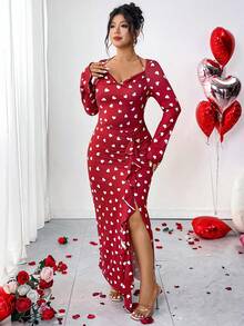 Elenzga Đầm dài tay dáng lệch vạt in hình trái tim cỡ lớn - Đỏ - Xem 3